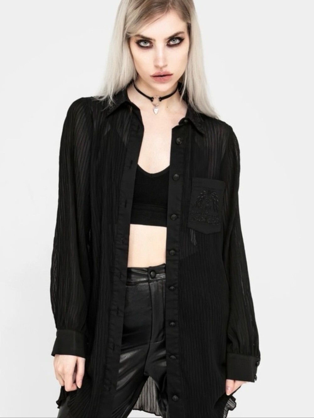 Disturbia Obscura Mini Shirt Dress-Black Sheer Pleated Button-Down
